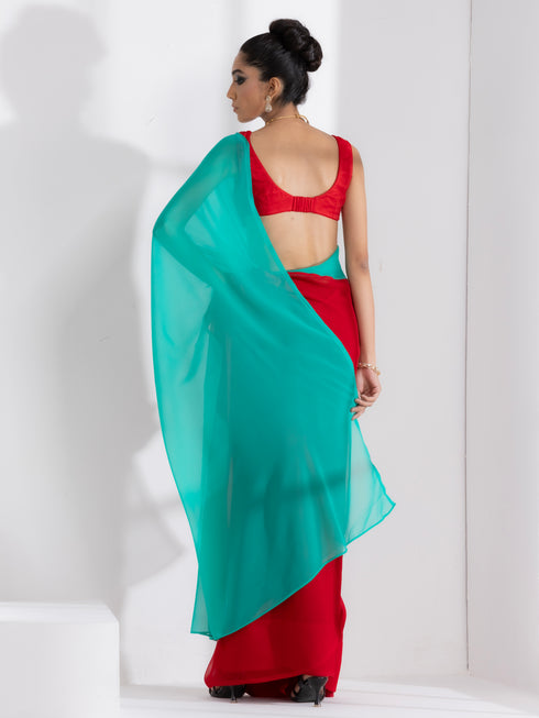 Red and Carribean Triangle Georgette Saree with Red Posh Blouse Fabric