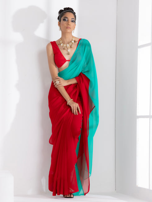 Red and Carribean Triangle Georgette Saree with Red Posh Blouse Fabric