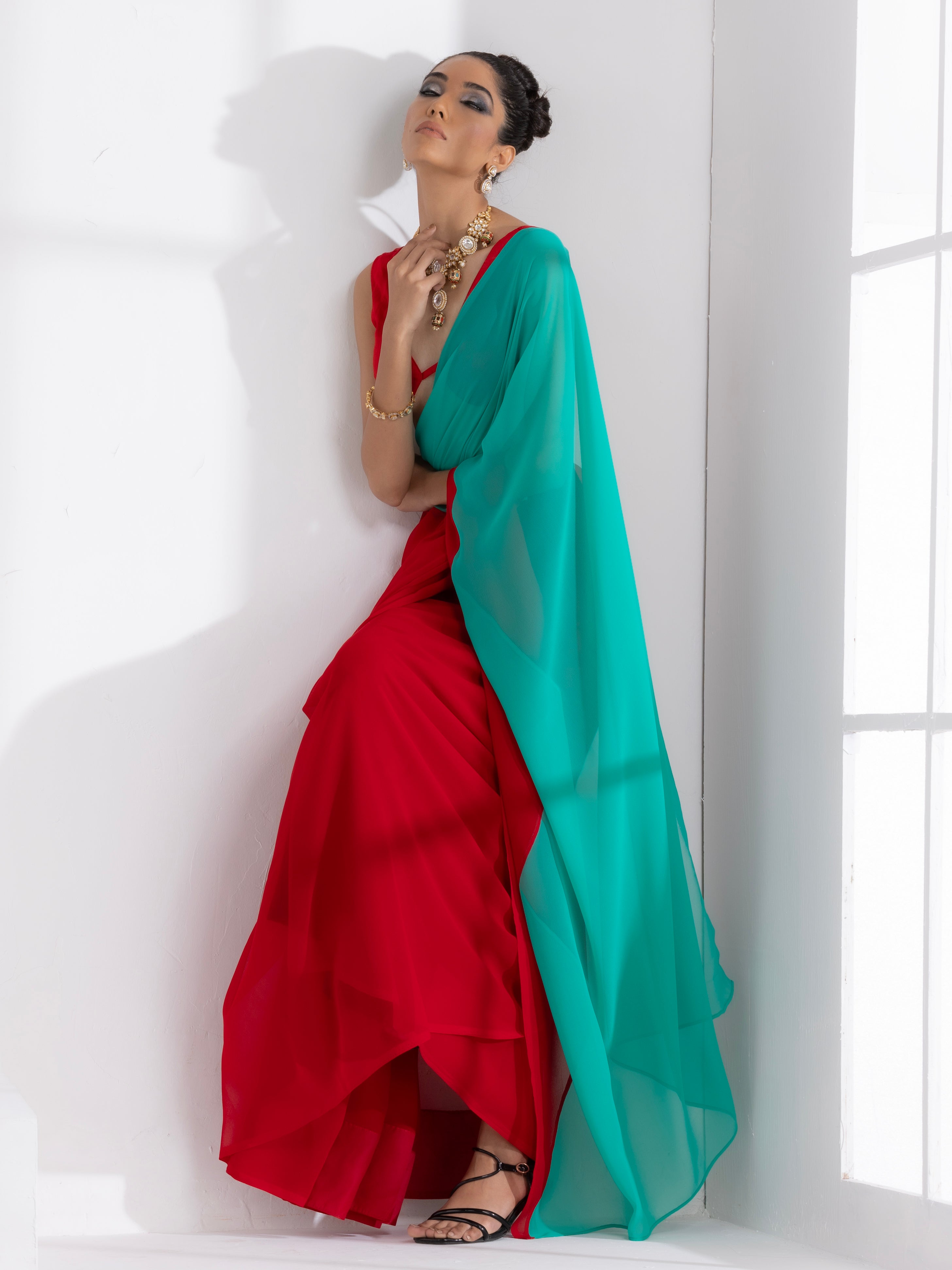 Red and Carribean Triangle Georgette Saree with Red Posh Blouse Fabric