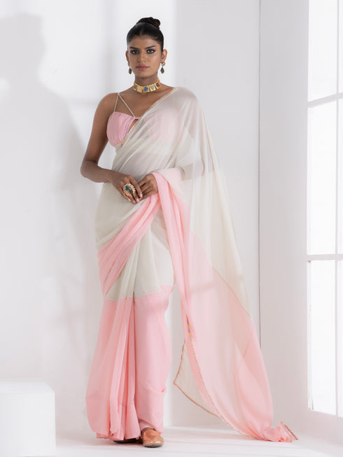 Candy Pink and Matcha Fusion Georgette Saree with Self-Blouse Fabric