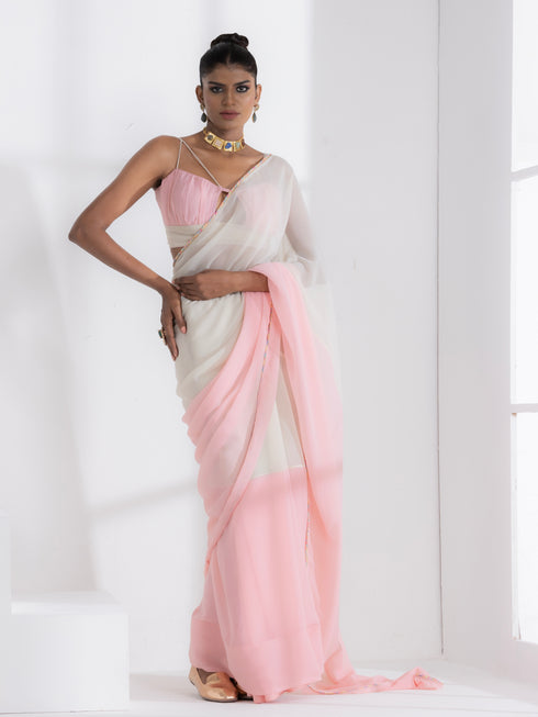 Candy Pink and Matcha Fusion Georgette Saree with Self-Blouse Fabric