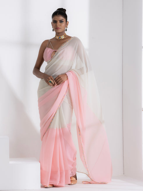 Candy Pink and Matcha Fusion Georgette Saree with Self-Blouse Fabric
