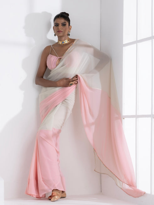 Candy Pink and Matcha Fusion Georgette Saree with Self-Blouse Fabric