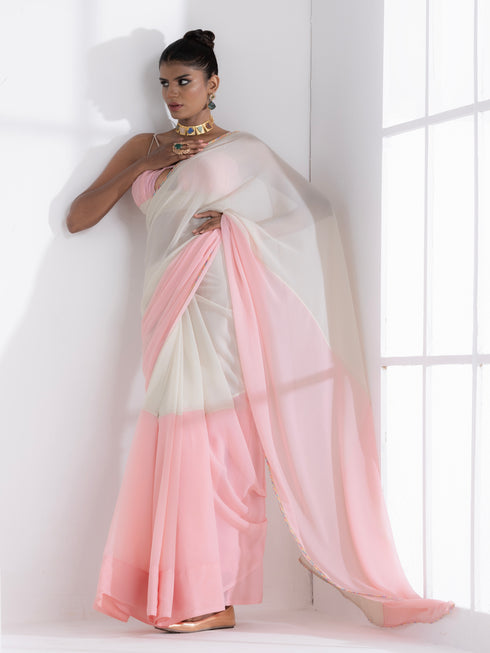 Candy Pink and Matcha Fusion Georgette Saree with Self-Blouse Fabric