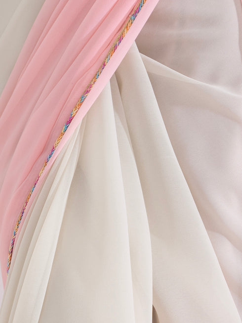 Candy Pink and Matcha Fusion Georgette Saree with Self-Blouse Fabric