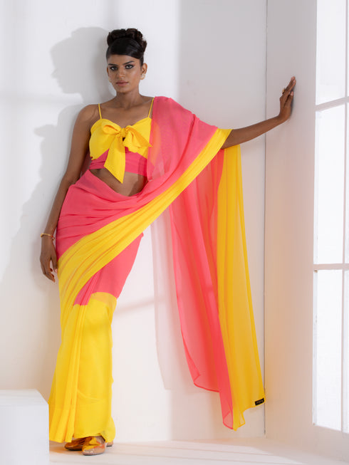 Dazzle Pink and Yellow Fusion Textured Chiffon Saree with Self-Blouse Fabric