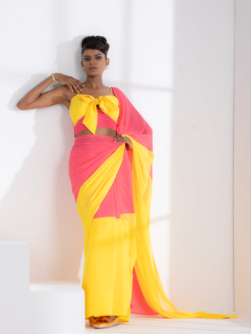 Dazzle Pink and Yellow Fusion Textured Chiffon Saree with Self-Blouse Fabric