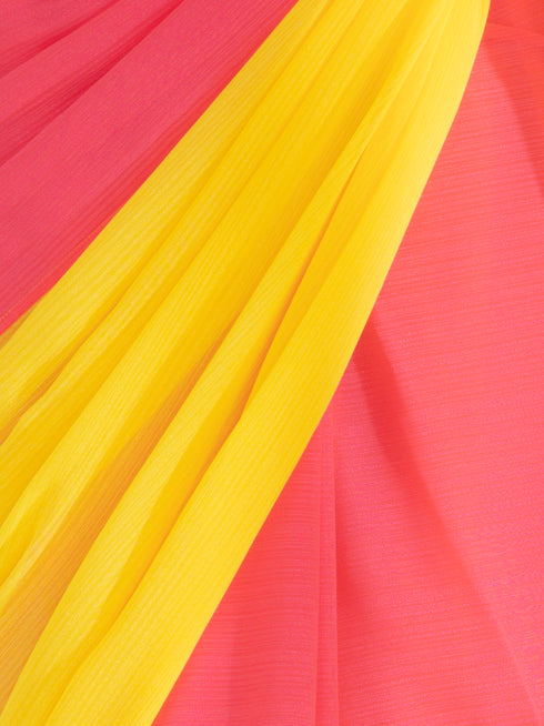 Dazzle Pink and Yellow Fusion Textured Chiffon Saree with Self-Blouse Fabric
