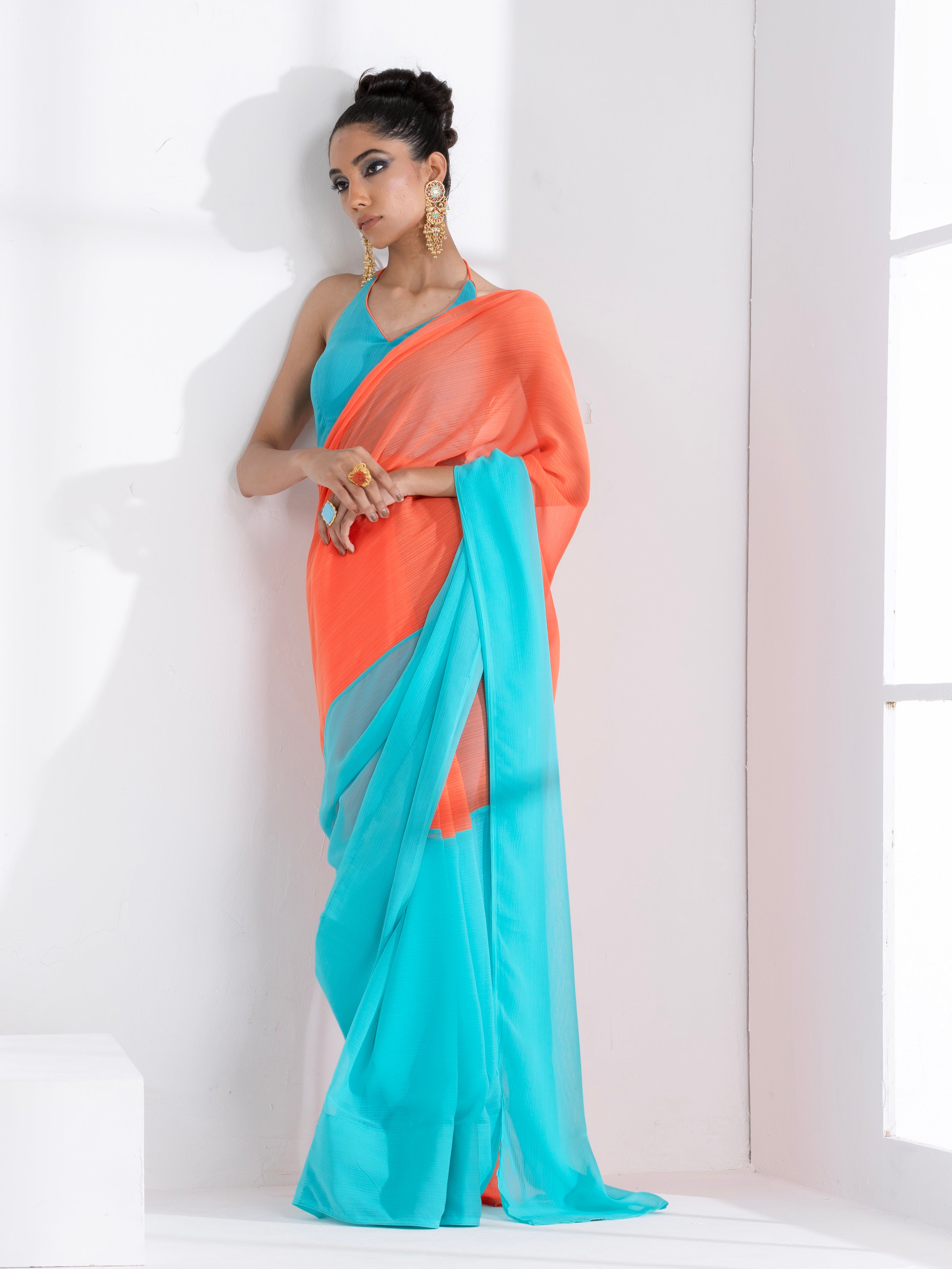 Blaze Orange and Aqua Fusion Textured Chiffon Saree with Self-Blouse Fabric
