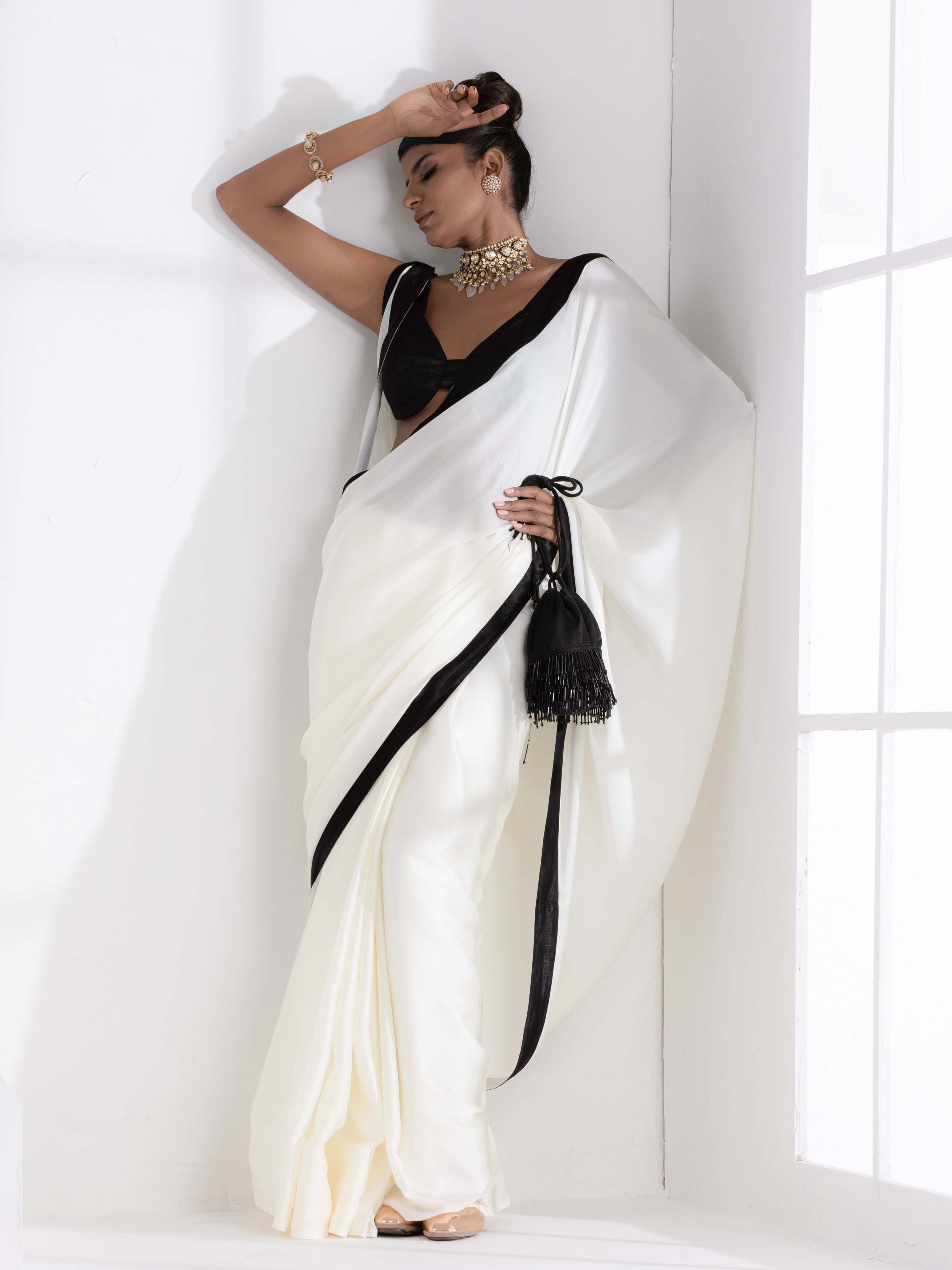 Magnolia Cream Satin Saree with Black Posh Border & Blouse Fabric