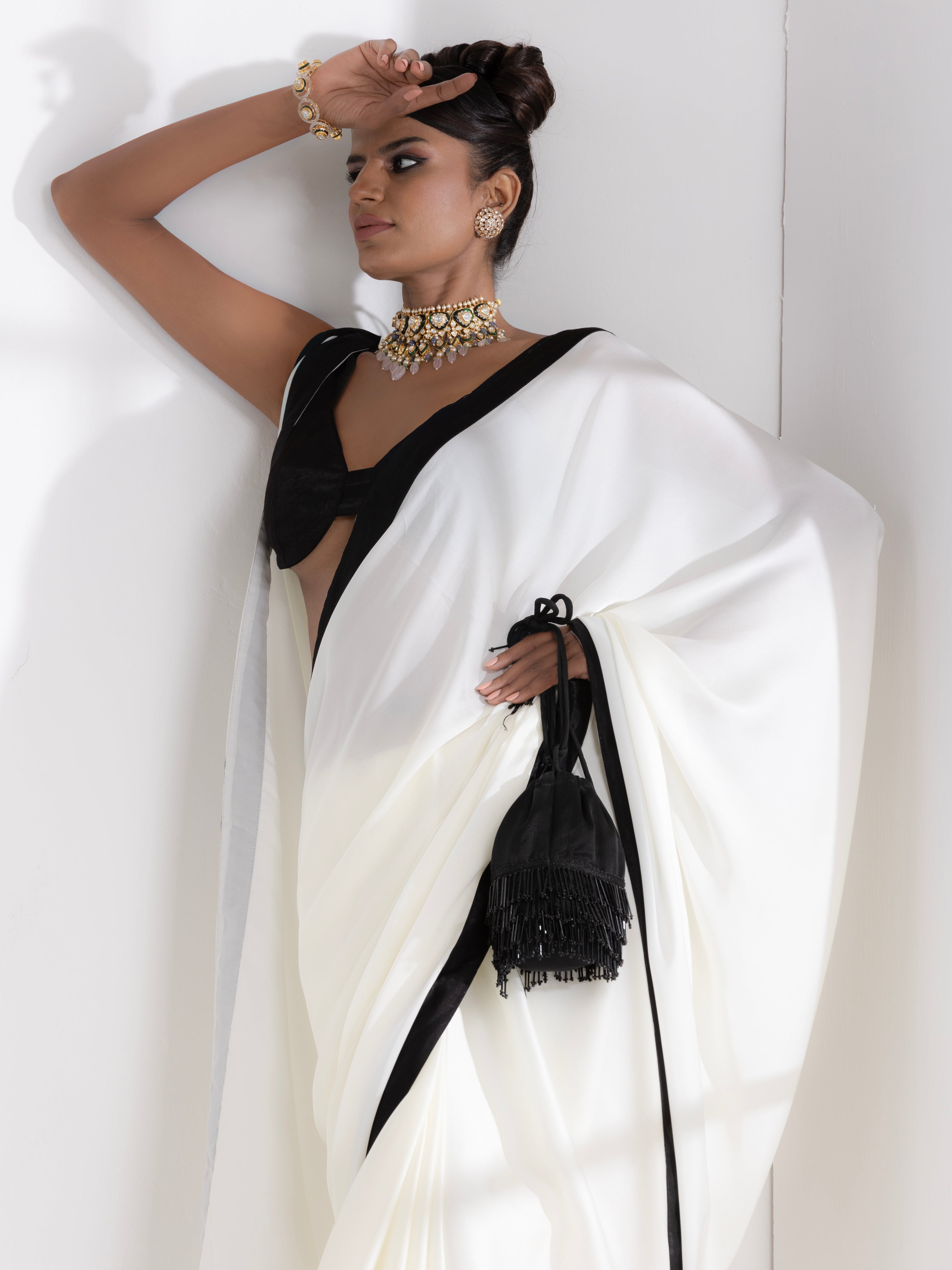 Magnolia Cream Satin Saree with Black Posh Border & Blouse Fabric