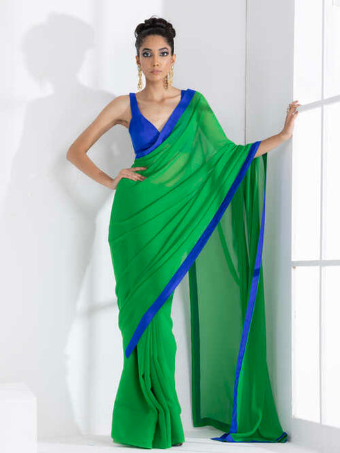 Tree Green Georgette Saree with Blue Posh Fabric Border & Blouse Fabric