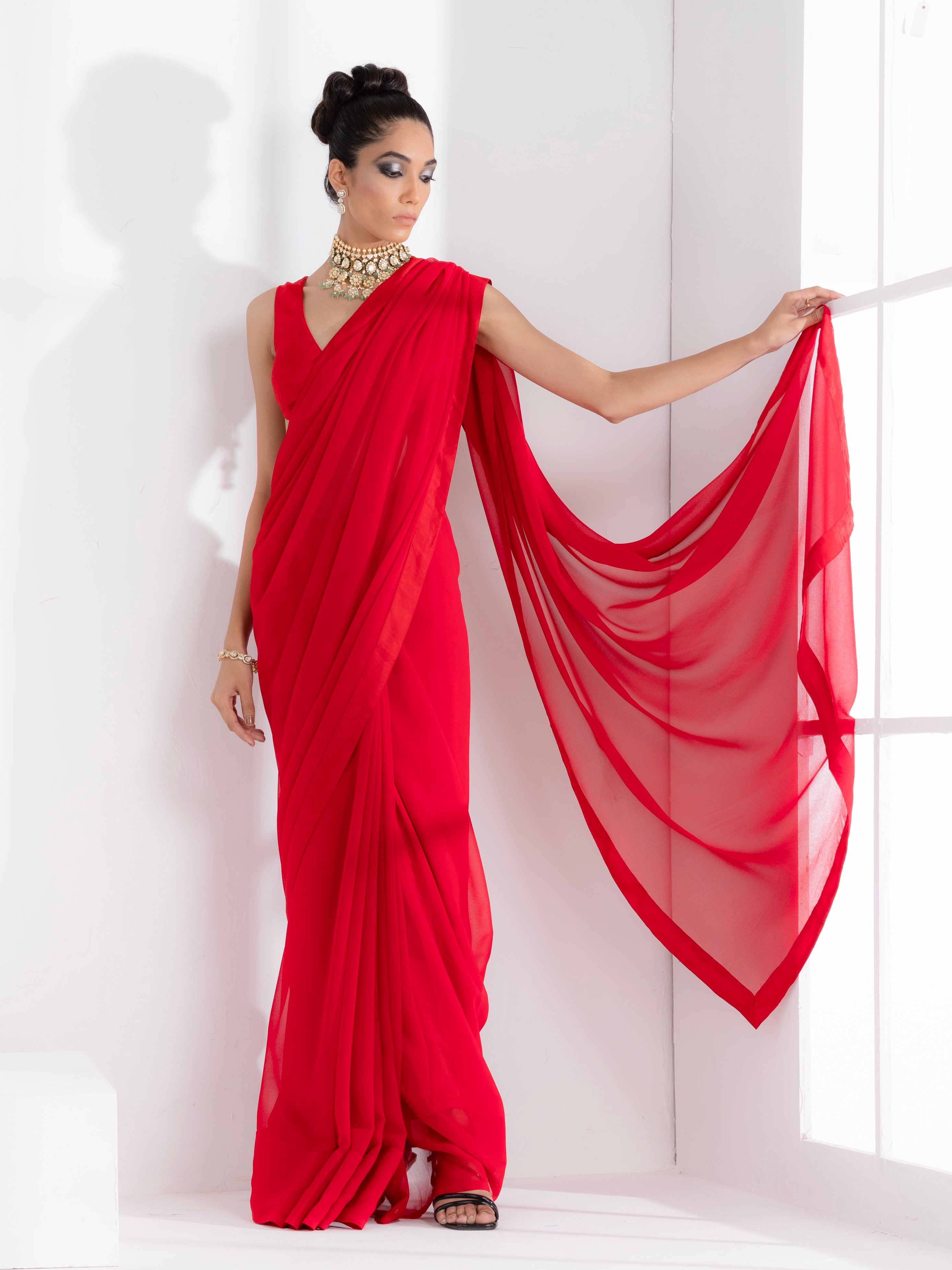 Ferrari Red Georgette Saree with Red Posh Border & Blouse Fabric