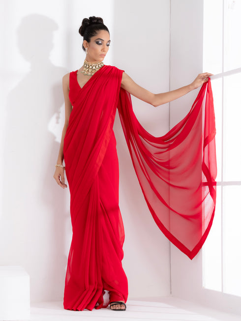 Ferrari Red Georgette Saree with Red Posh Border & Blouse Fabric
