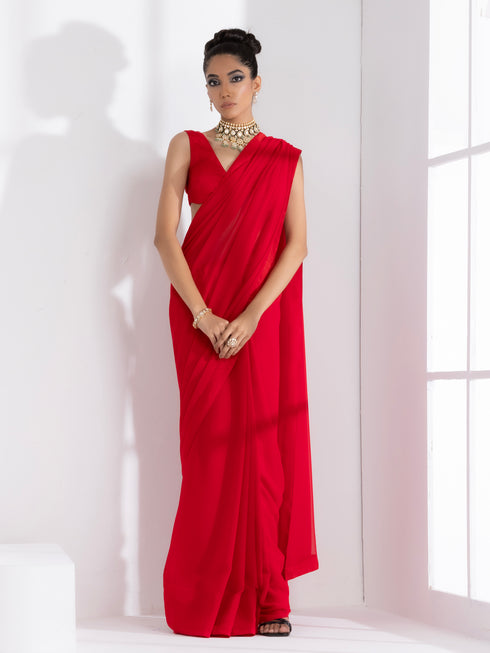 Ferrari Red Georgette Saree with Red Posh Border & Blouse Fabric