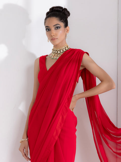 Ferrari Red Georgette Saree with Red Posh Border & Blouse Fabric