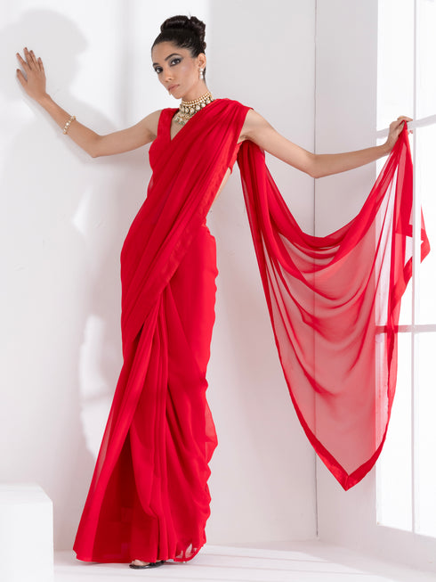 Ferrari Red Georgette Saree with Red Posh Border & Blouse Fabric