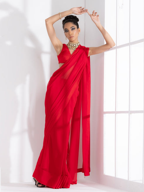 Ferrari Red Georgette Saree with Red Posh Border & Blouse Fabric