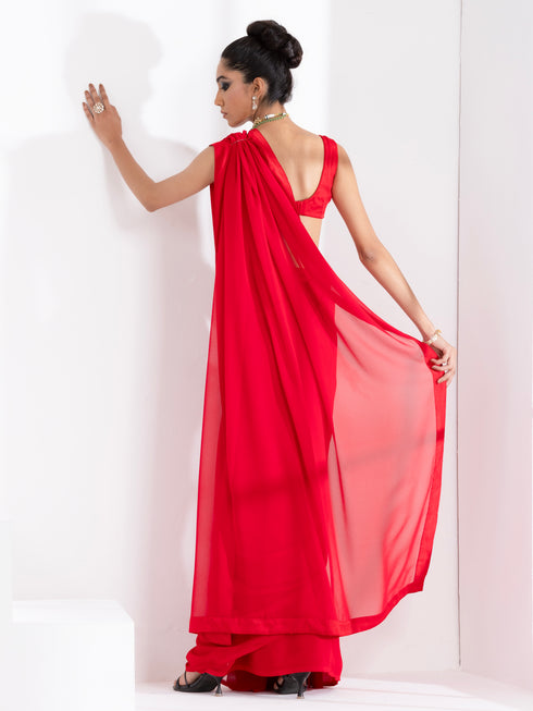 Ferrari Red Georgette Saree with Red Posh Border & Blouse Fabric