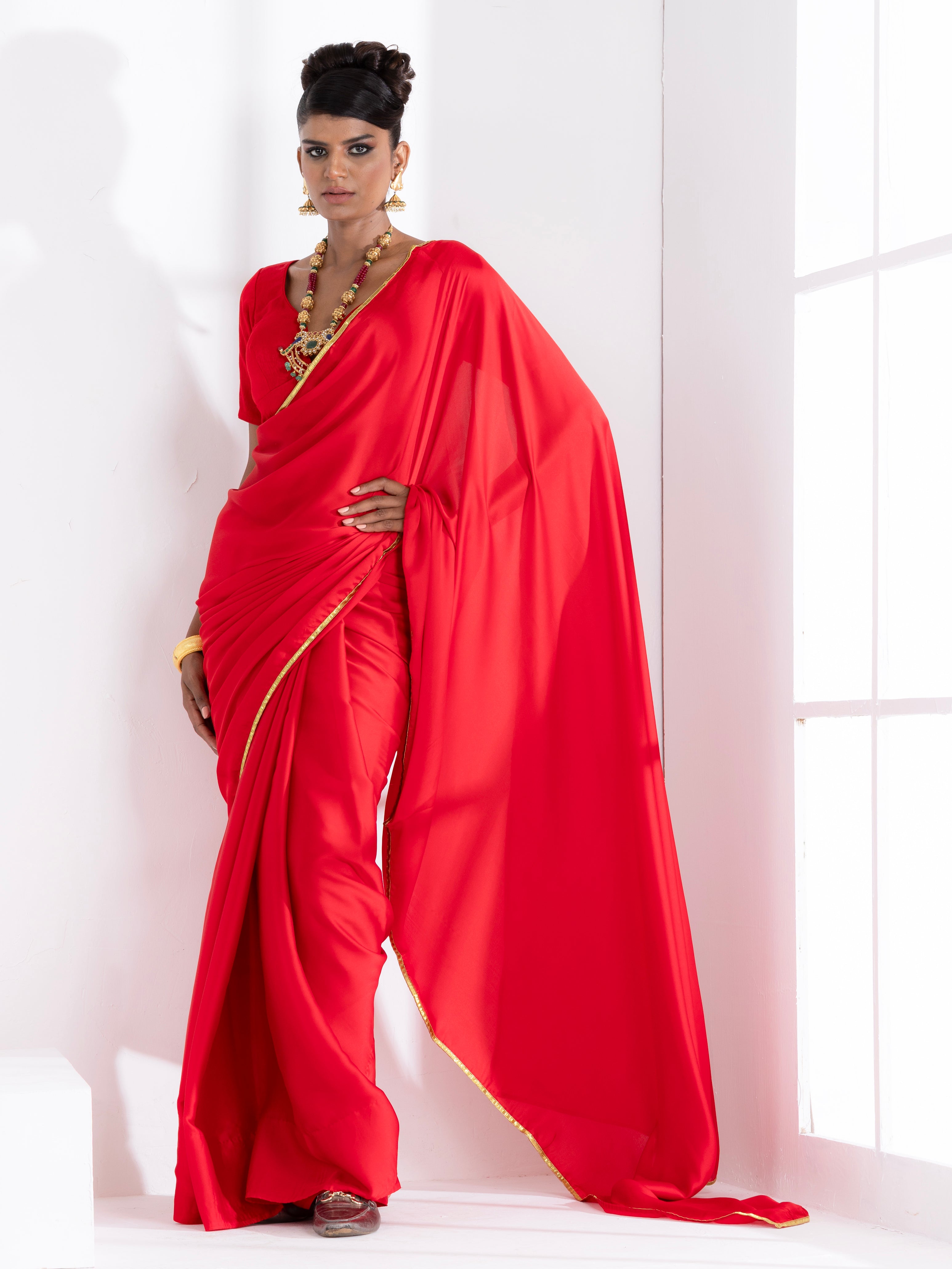 Red Satin Saree with Lace and Red Blouse Fabric