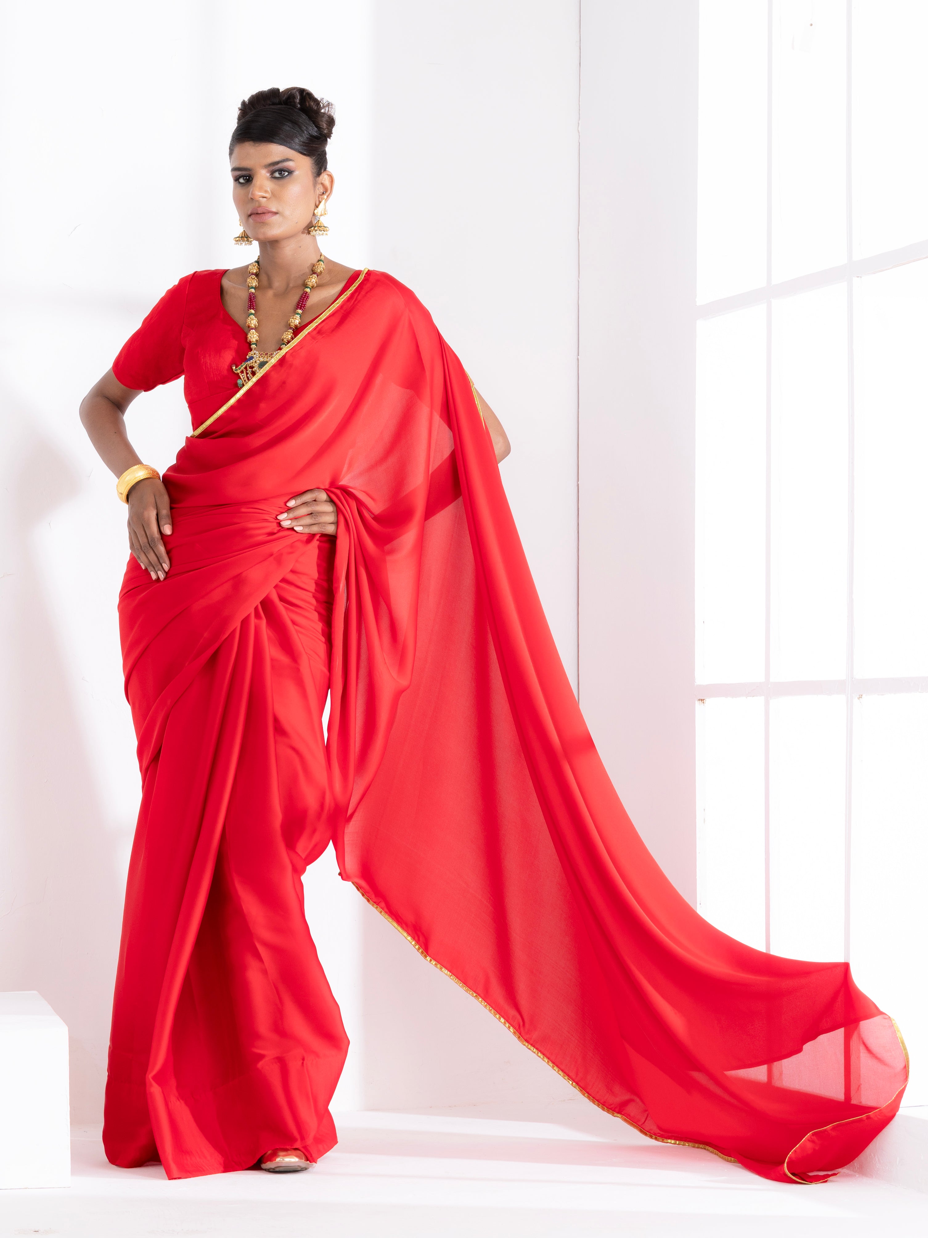Red Satin Saree with Lace and Red Blouse Fabric