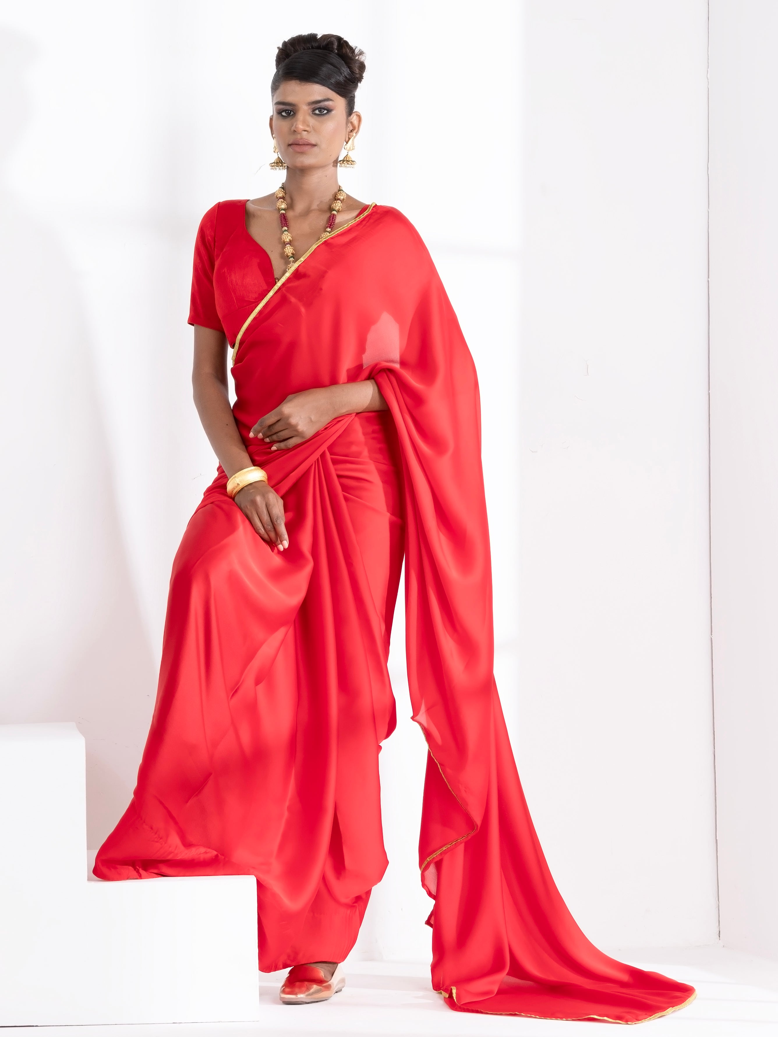 Red Satin Saree with Lace and Red Blouse Fabric