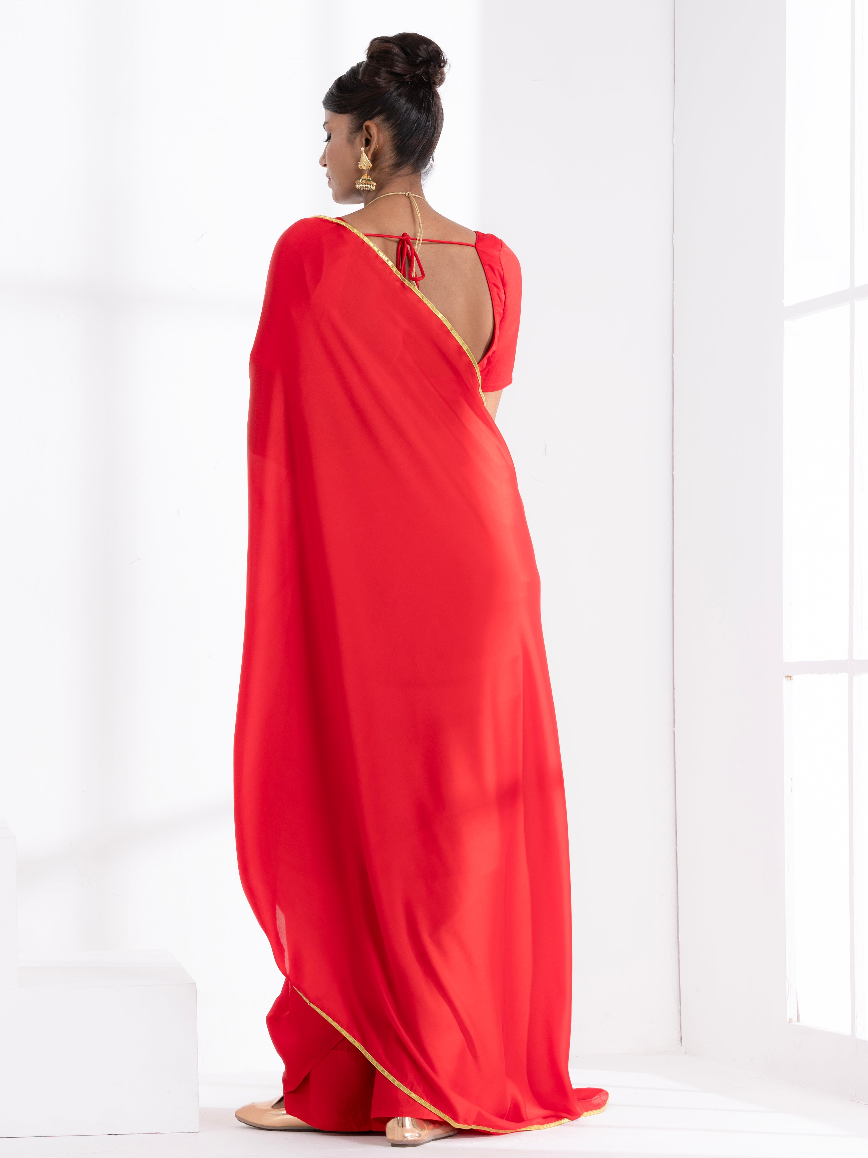 Red Satin Saree with Lace and Red Blouse Fabric