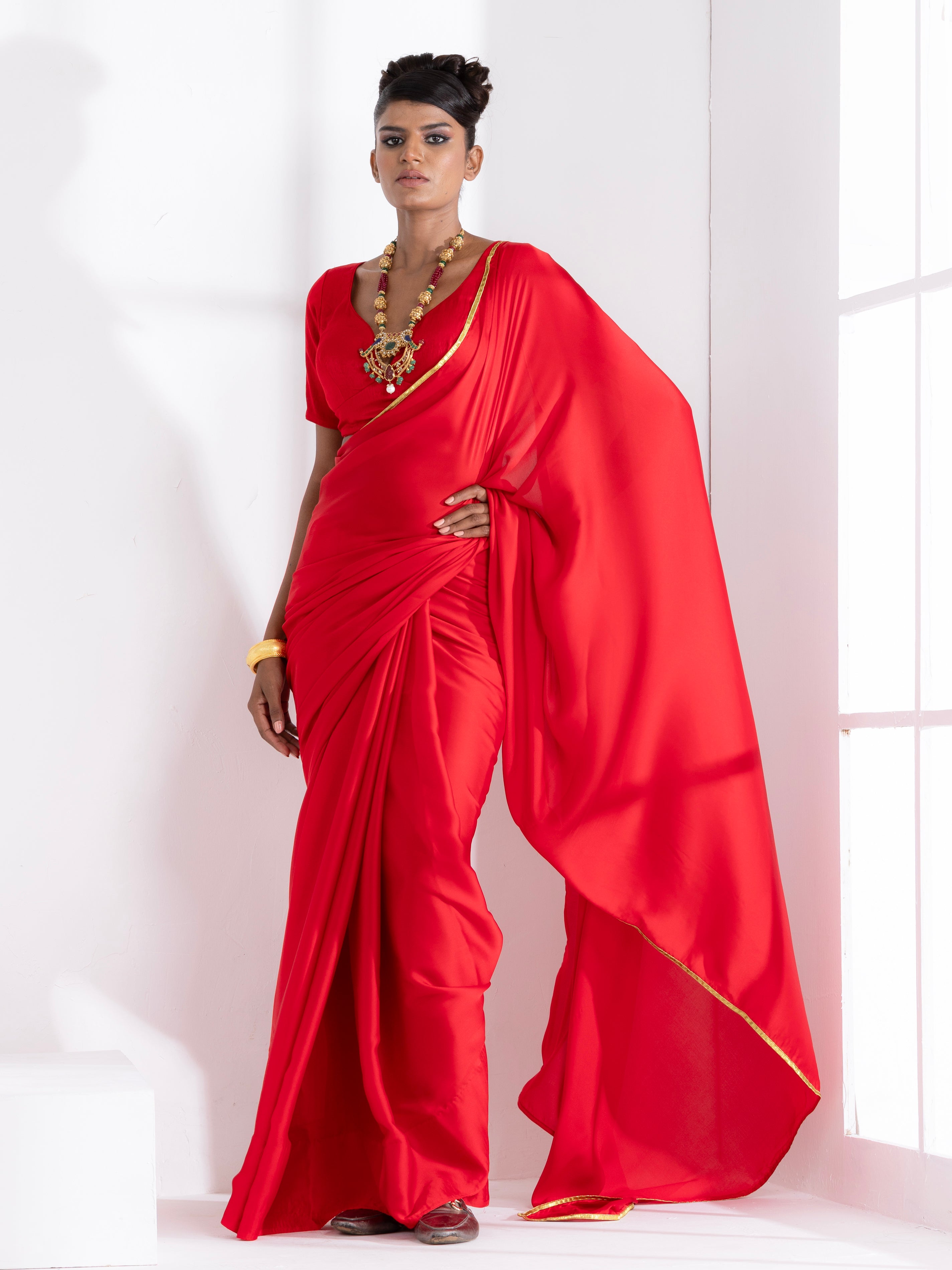 Red Satin Saree with Lace and Red Blouse Fabric