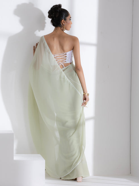 Macha Georgette Saree with Lace and Iridescent Sequin Blouse Fabric