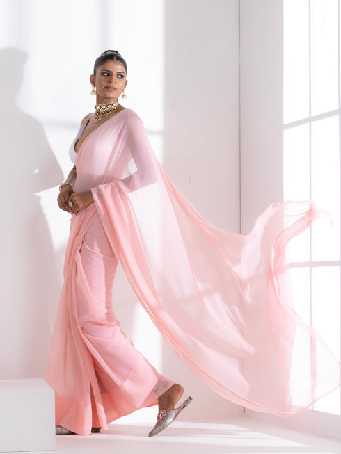 Pink Salmon Georgette Saree with Lace and Irridecent Sequin Blouse Fabric