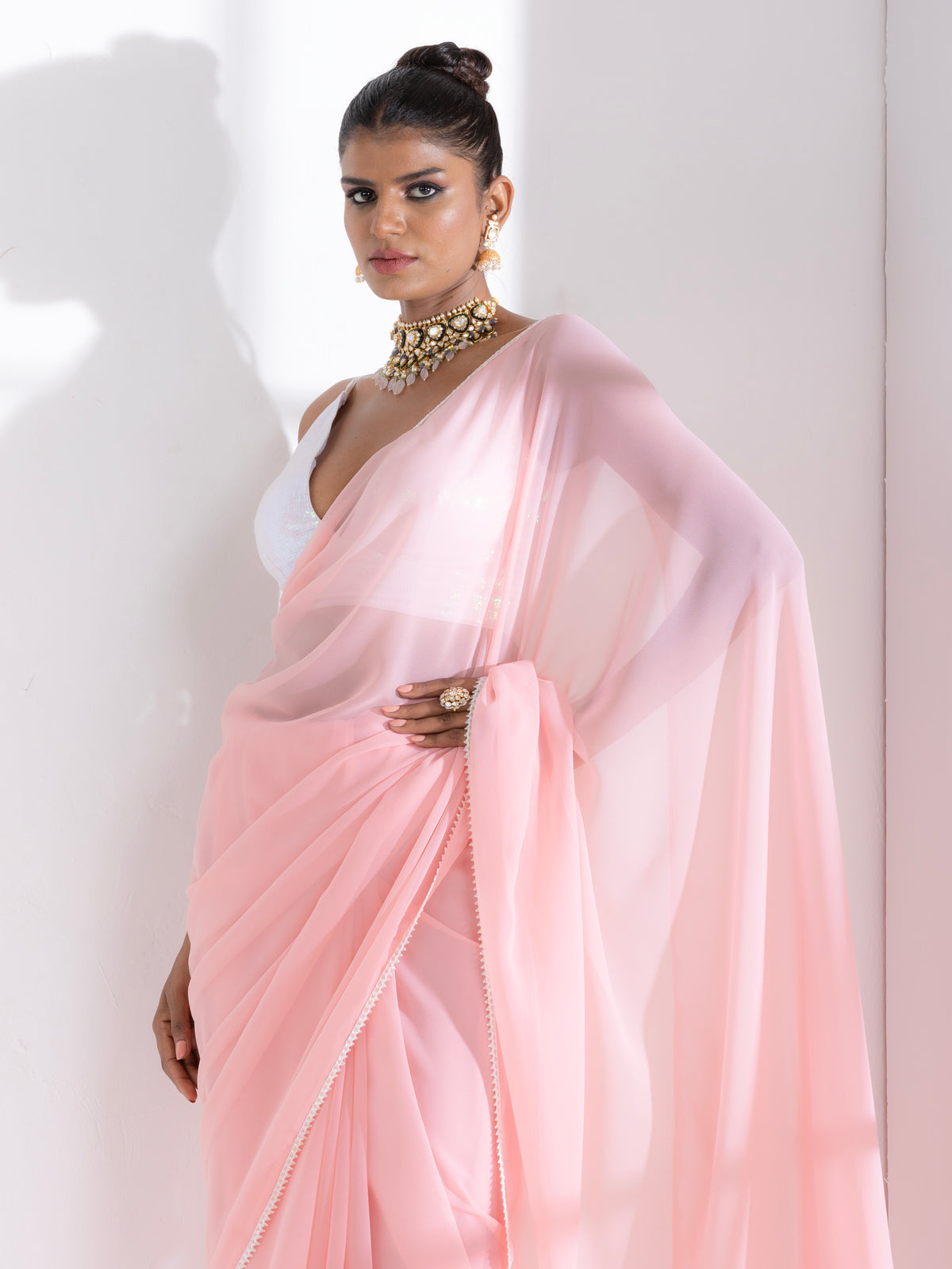 Pink salmon georgette saree with lace and iridescent sequin blouse fabric — view 7