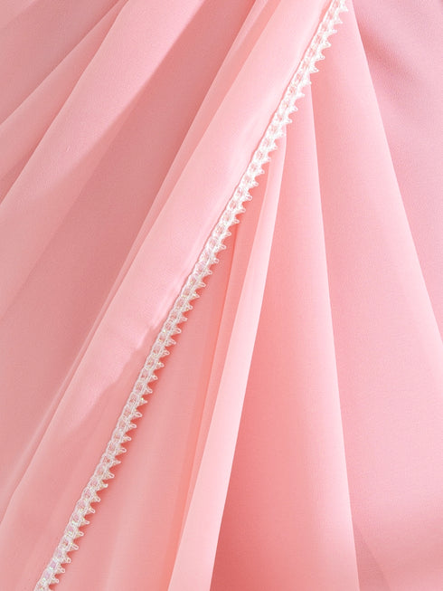 Pink Salmon Georgette Saree with Lace and Irridecent Sequin Blouse Fabric