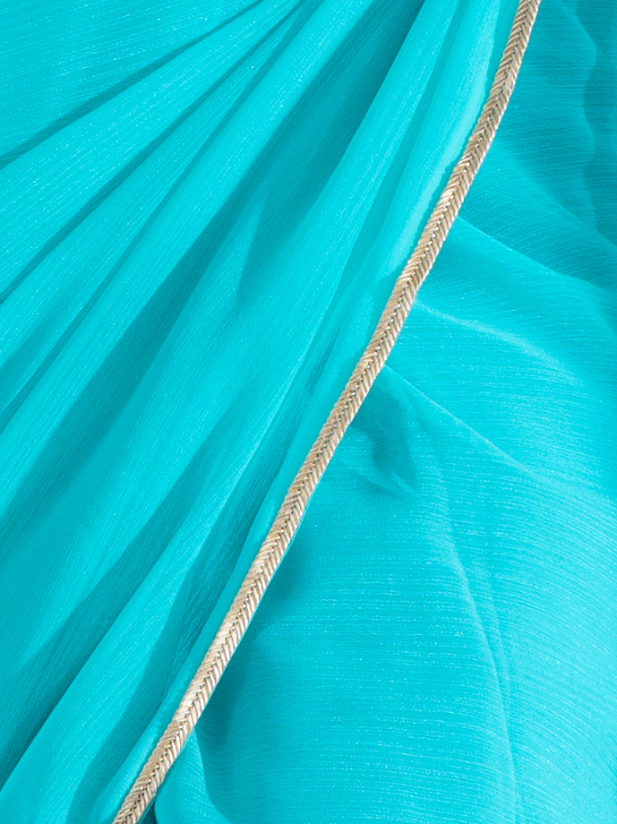 Aqua Blue Textured Chiffon Saree with Lace and Pink Blouse Fabric