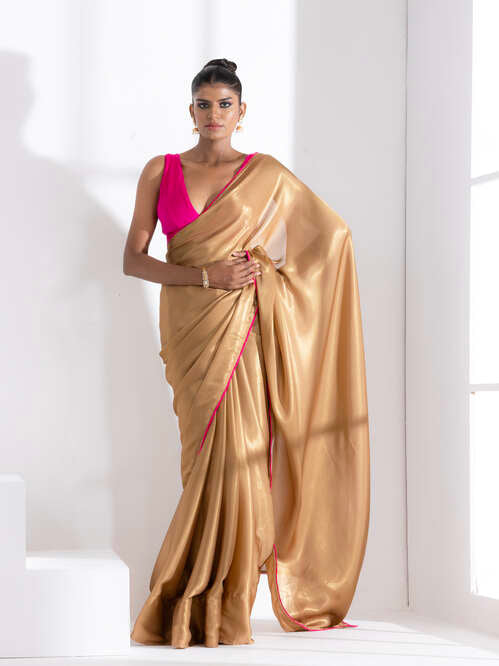 Hazel beige gold chiffon saree with pink edge lace and posh blouse fabric — view 3
