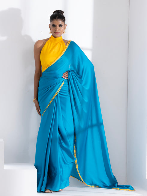 Pacific Blue Satin Saree with Yellow Lace & Posh Blouse Fabric