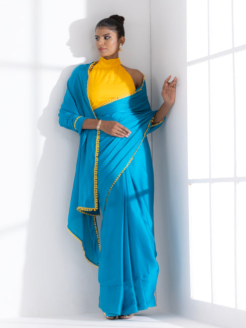 Pacific Blue Satin Saree with Yellow Lace & Posh Blouse Fabric