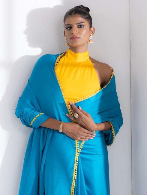 Pacific Blue Satin Saree with Yellow Lace & Posh Blouse Fabric