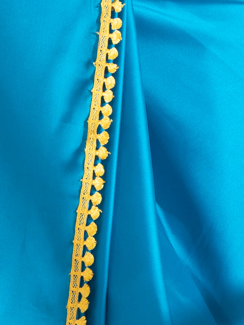 Pacific Blue Satin Saree with Yellow Lace & Posh Blouse Fabric