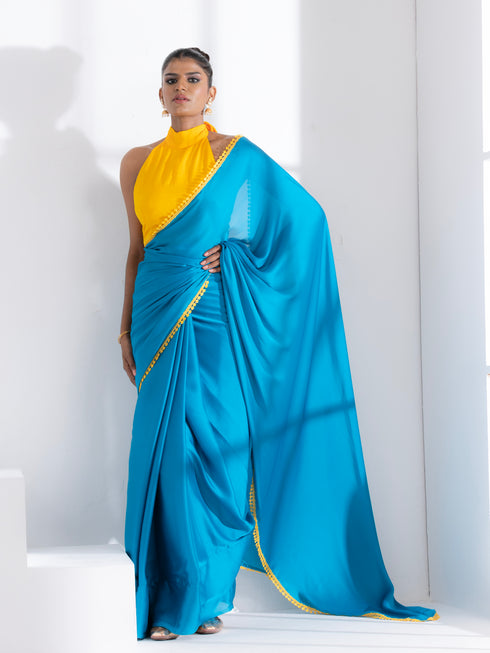 Pacific Blue Satin Saree with Yellow Lace & Posh Blouse Fabric