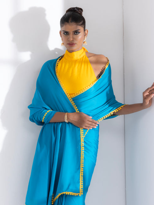 Pacific Blue Satin Saree with Yellow Lace & Posh Blouse Fabric
