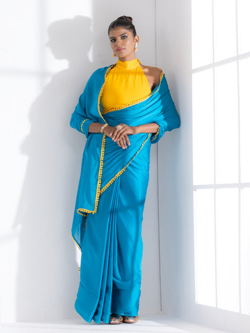 Pacific Blue Satin Saree with Yellow Lace & Posh Blouse Fabric