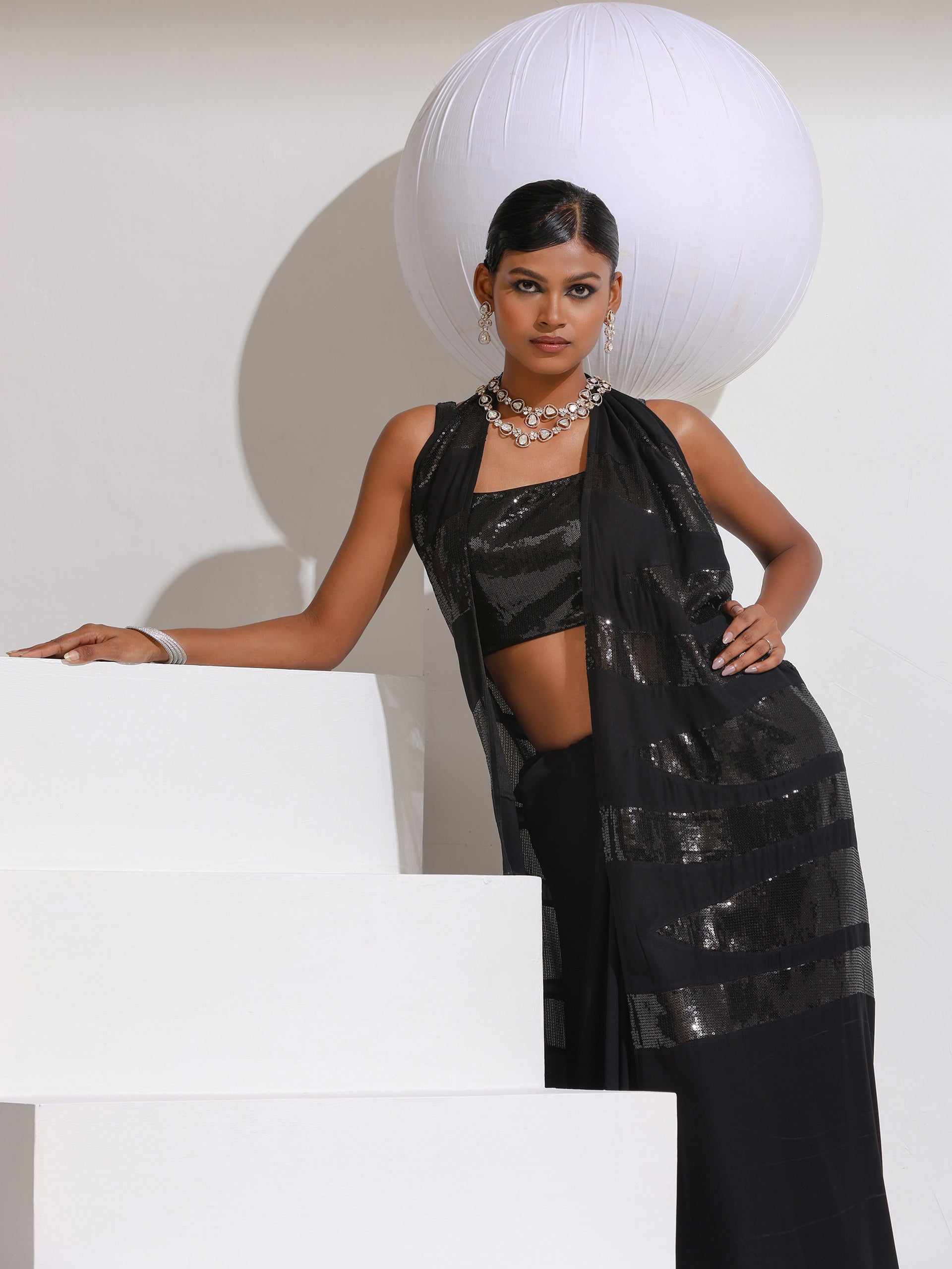 Black Red Carpet Look Saree with Black Sequins Patch work