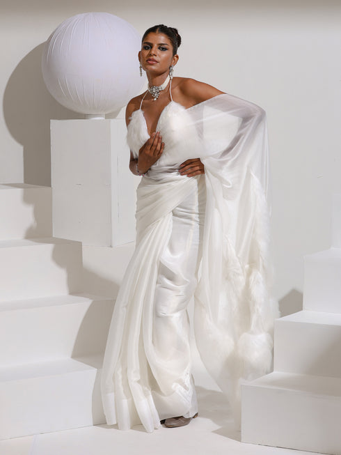 White Red Carpet Look Saree with White Fur