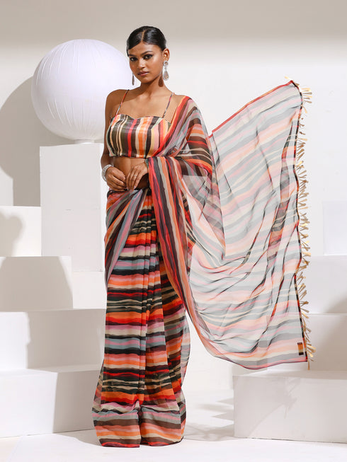 Metropolitan Chiffon Saree with Hanging Gold Lace and Self Blouse Fabric