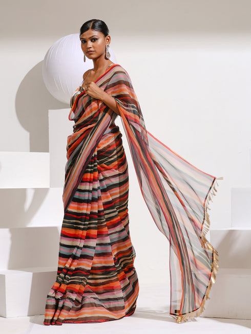 Metropolitan Chiffon Saree with Hanging Gold Lace and Self Blouse Fabric