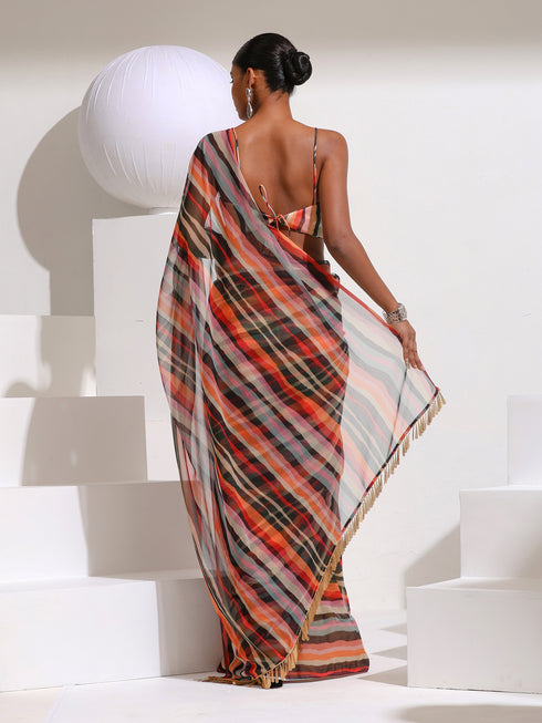 Metropolitan Chiffon Saree with Hanging Gold Lace and Self Blouse Fabric