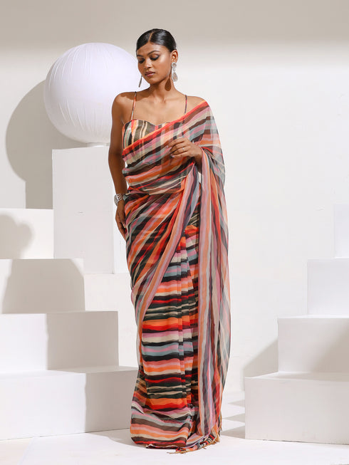Metropolitan Chiffon Saree with Hanging Gold Lace and Self Blouse Fabric