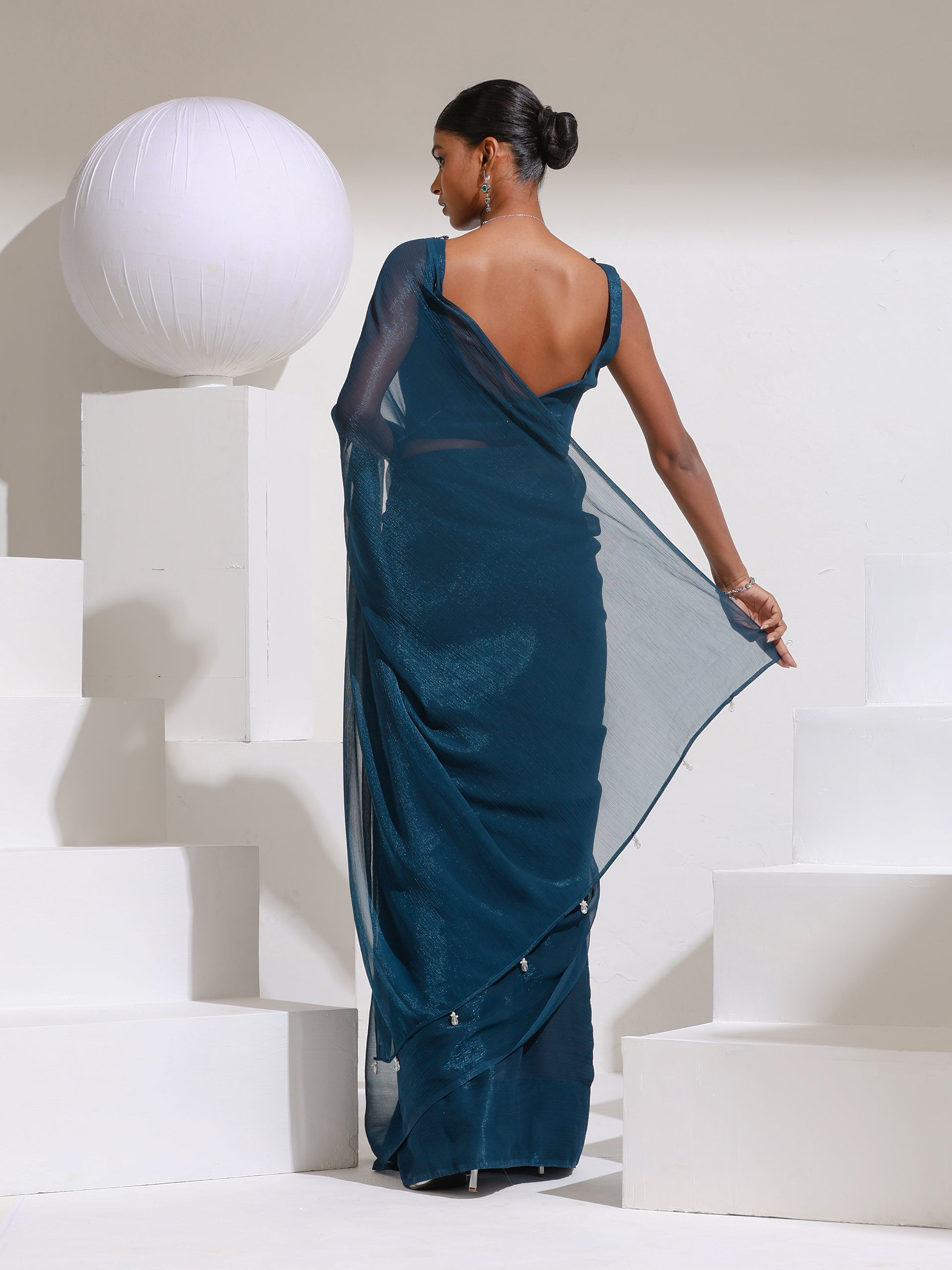 Petrol Blue Shimmer Chiffon Saree with Beads and Self Blouse Fabric