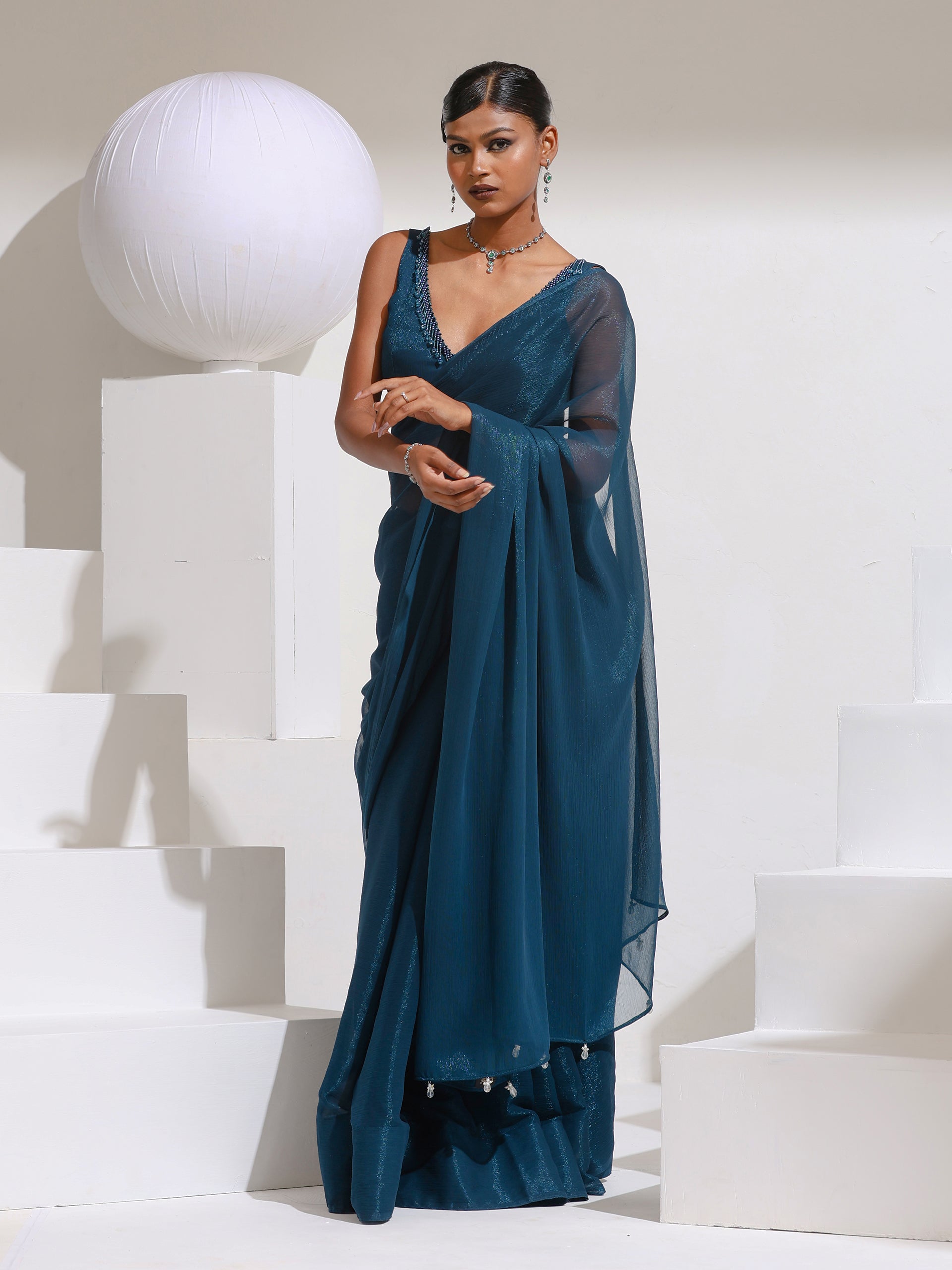 Petrol Blue Shimmer Chiffon Saree with Beads and Self Blouse Fabric