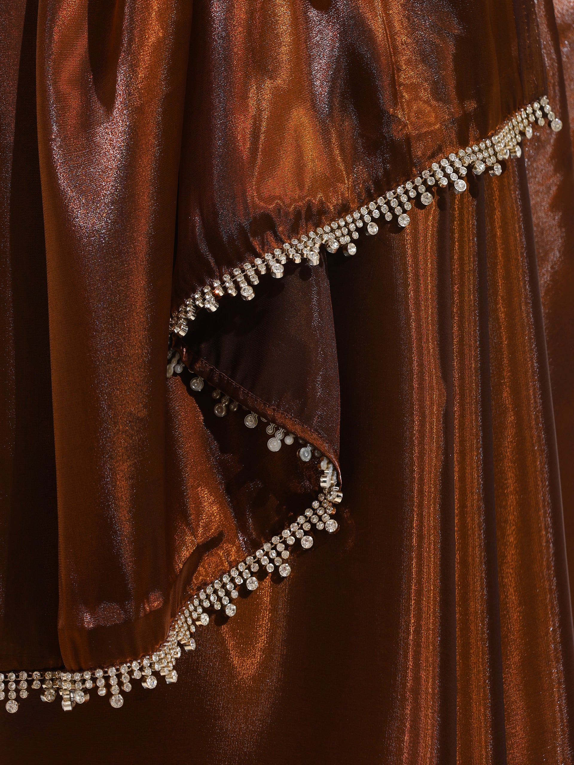 Molten Chocolate Organza Satin Saree with Swarovski style Lace and Blouse Fabric